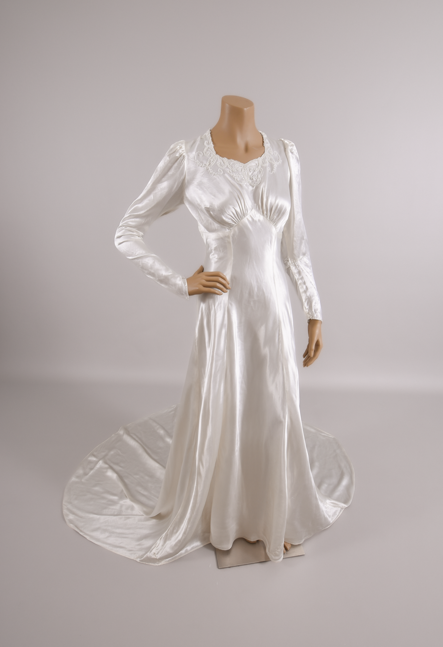 1930s Art Deco Bias-Cut Liquid Satin Wedding Dress w/Trailing Train