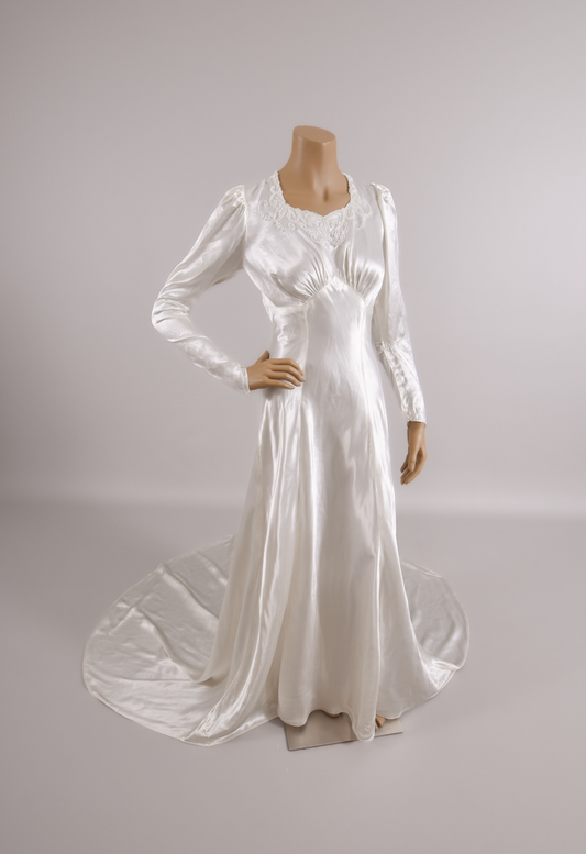 1930s Art Deco Bias-Cut Liquid Satin Wedding Dress w/Trailing Train size 8/10