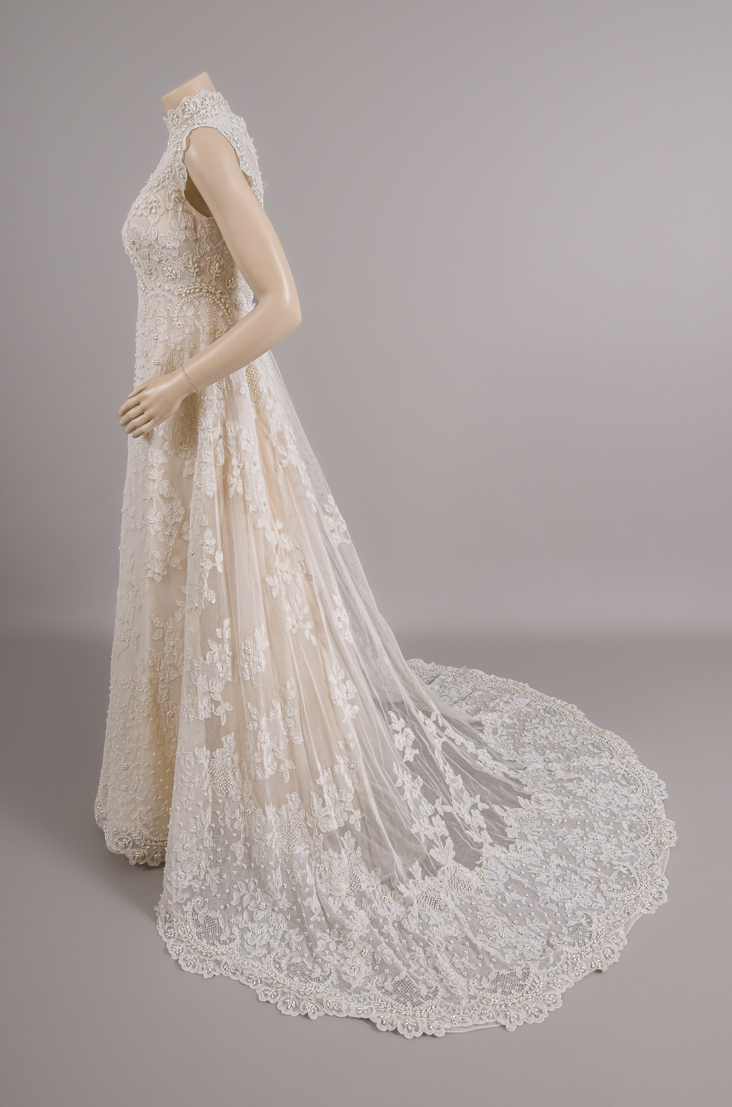 1960s Empire Waist Gown, Swiss Beaded Venice Lace Wedding Dress W/Trailing Train Sz 0/2