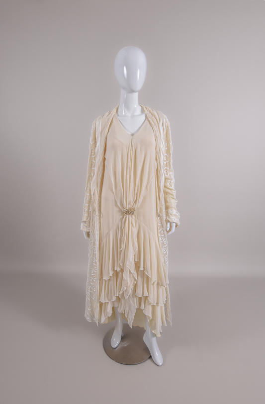 1920s Silk Crêpe Georgette 3pc Ensemble, Wedding Dress w/Jacket & Slip
