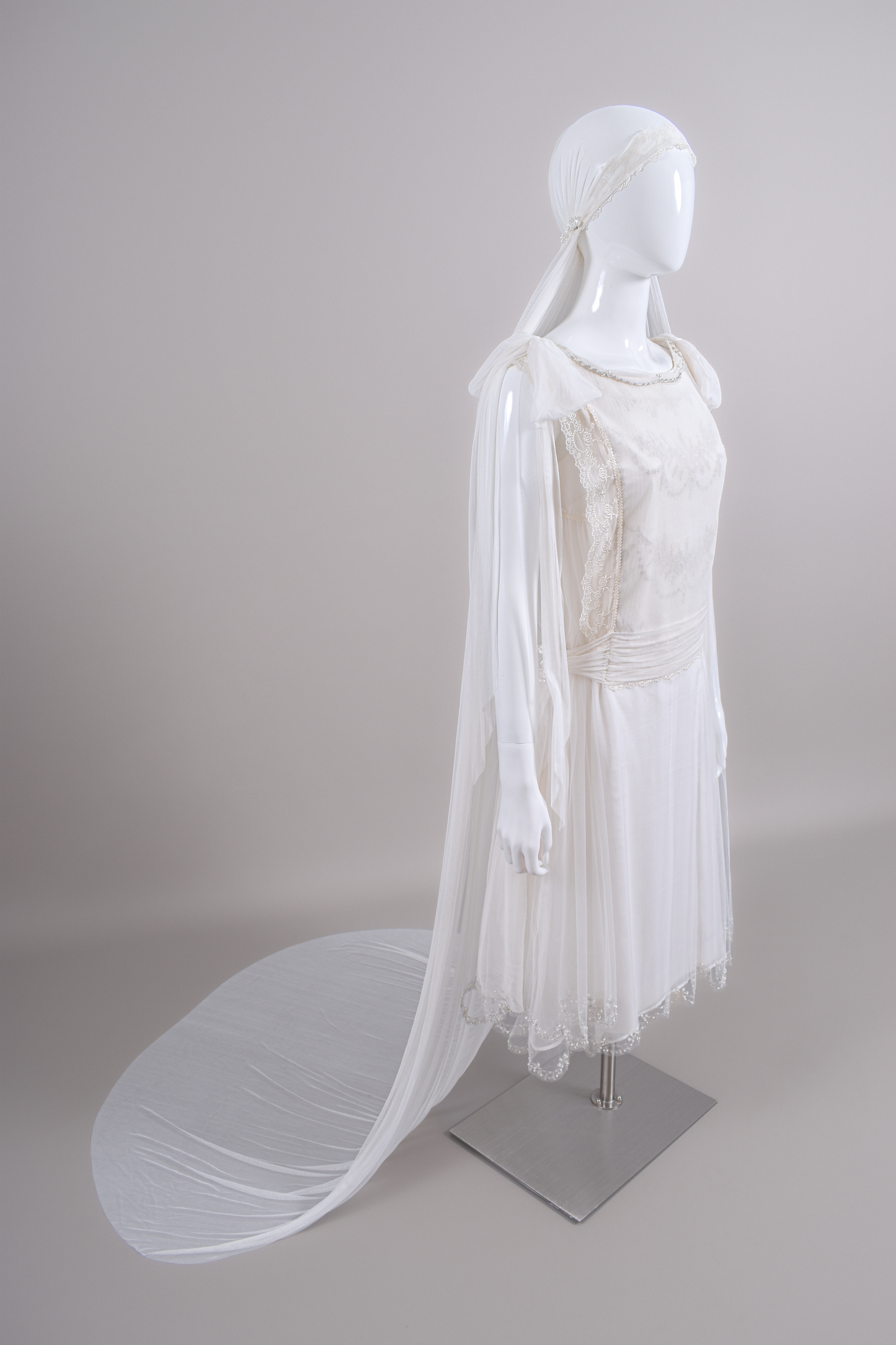 1920s Haute Couture Silk Charmeuse Beaded Wedding Dress & Silk Juliet Veil