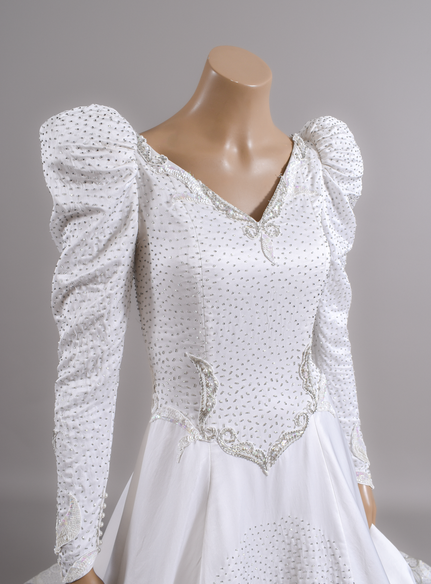 1990s Regal Eva Haynal Forsyth Silk Charmeuse Wedding Gown w/Silver Beadwork and Cathedral Train