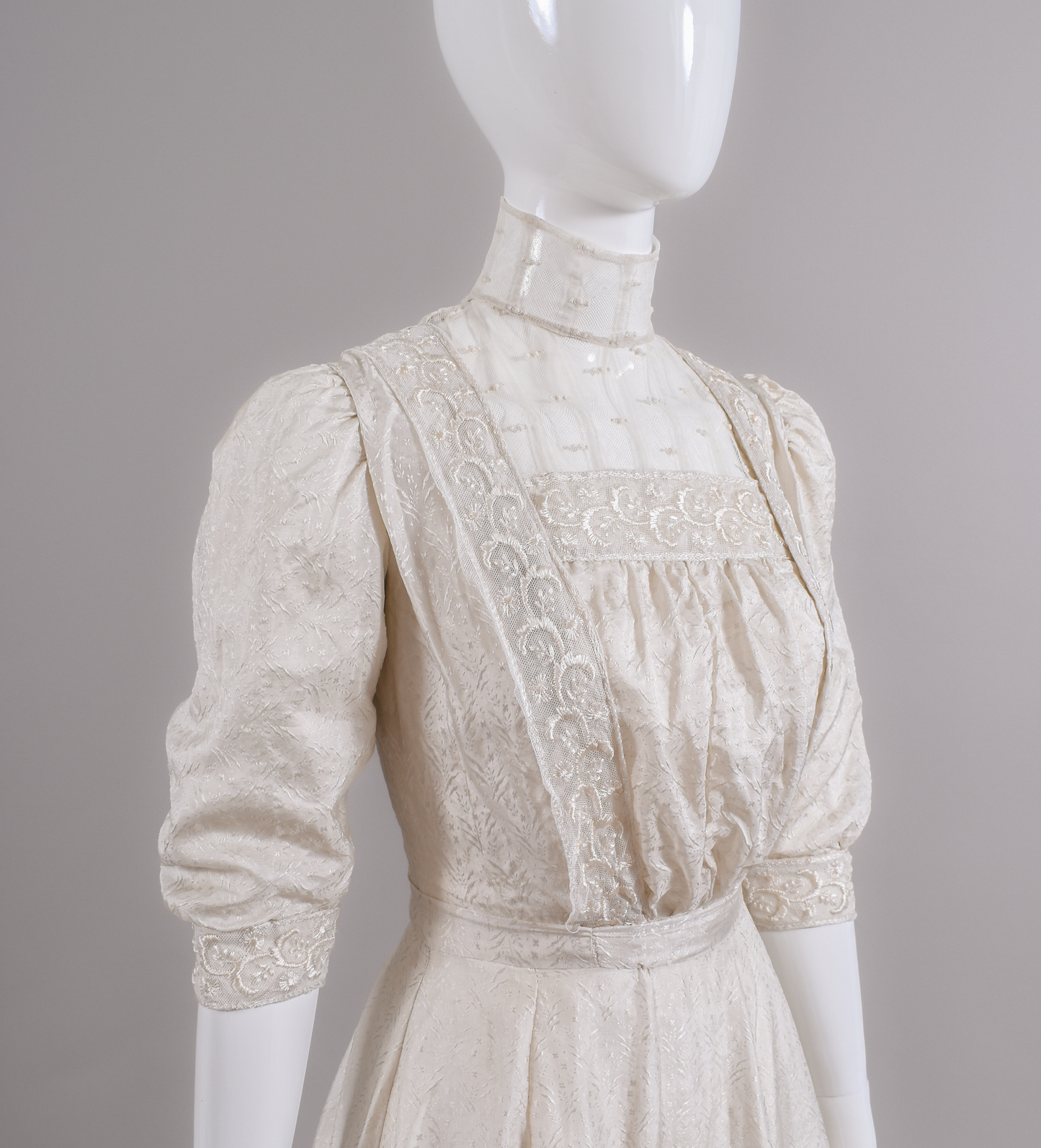 1900s Silk Jacquard & Embroidered Tulle Wedding Dress "NOS"