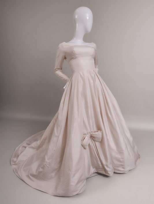 1950s Dior-Style Silk Taffeta Wedding Dress w/Trailing Train