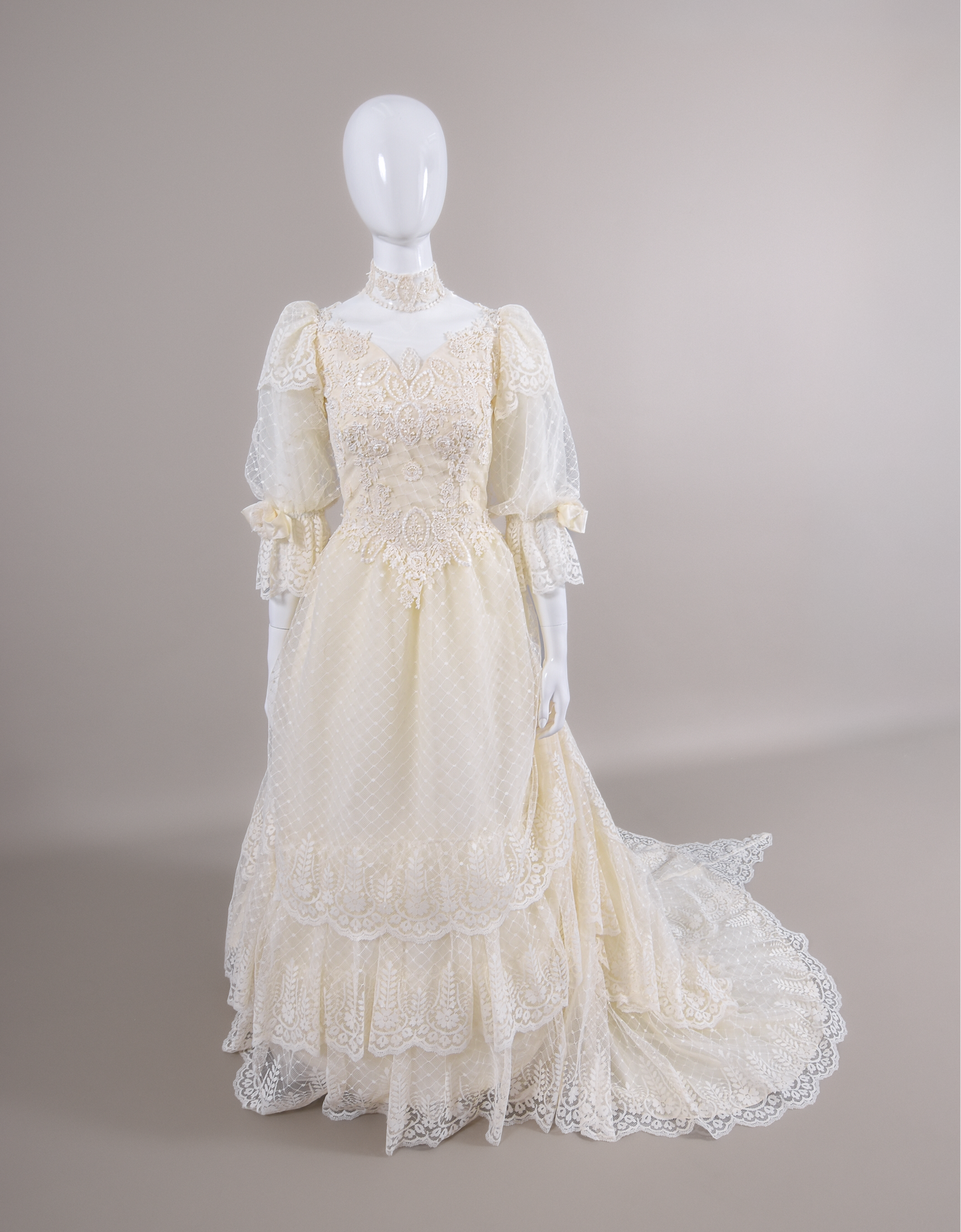 1980s Victorian-Inspired Dotted Tulle & Lace Wedding Dress w/Lace Rosettes & Cathedral Train