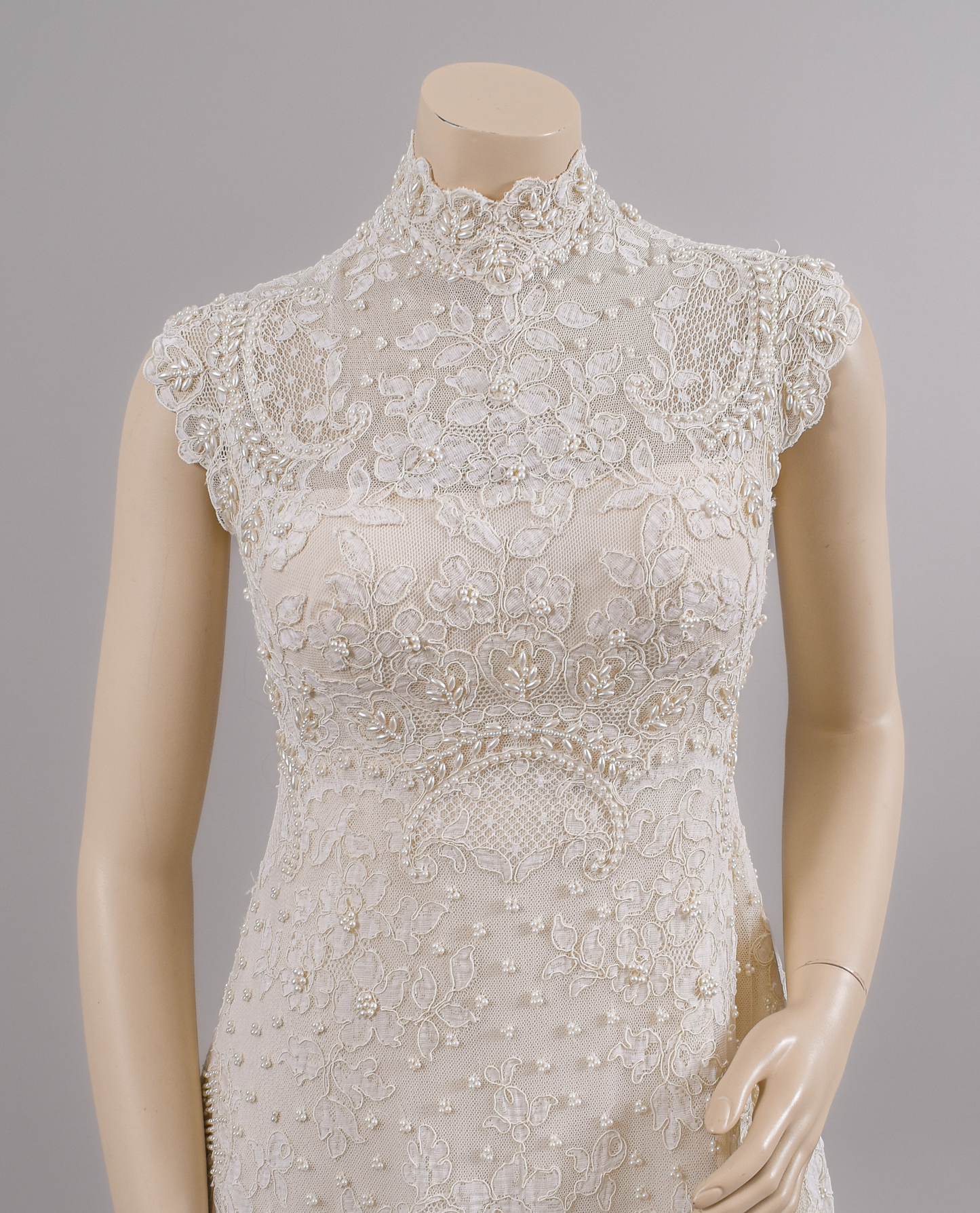1960s Empire Waist Gown, Swiss Beaded Venice Lace Wedding Dress W/Trailing Train Sz 0/2