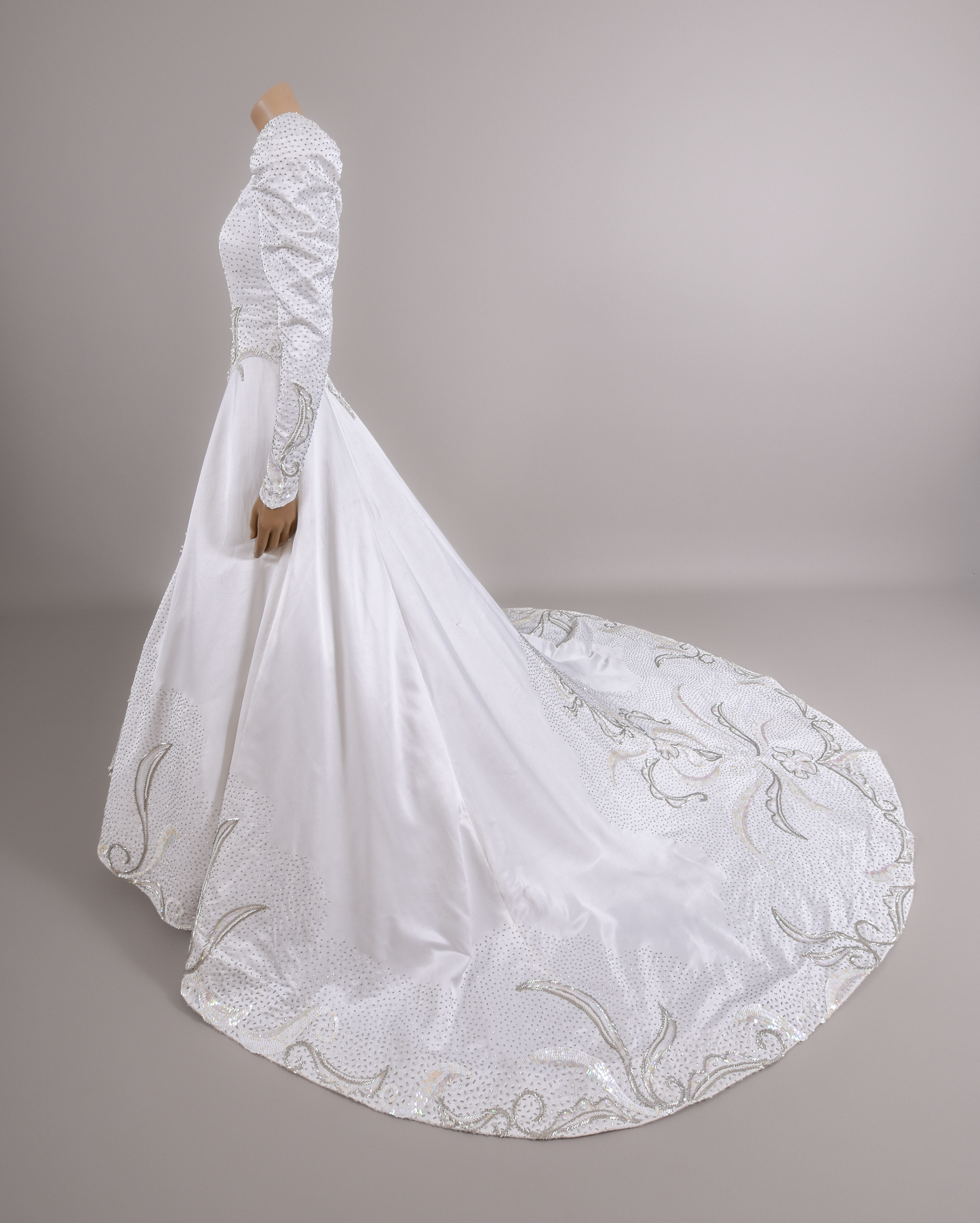 1990s Regal Eva Haynal Forsyth Silk Charmeuse Wedding Gown w/Silver Beadwork and Cathedral Train