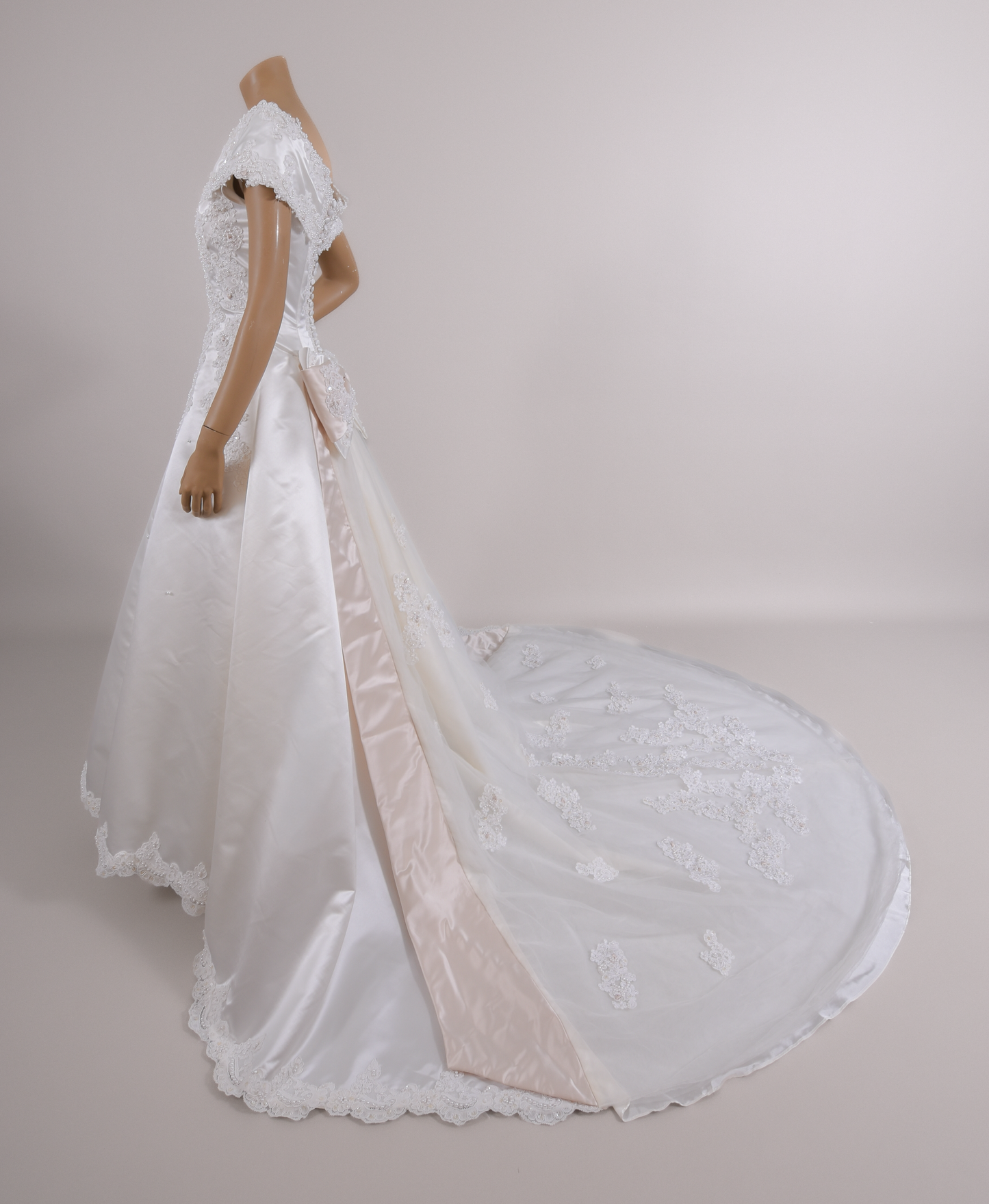 1990s Duchesse Satin Beaded Ribbon Rose Wedding Dress & Chapel Train size 8/10