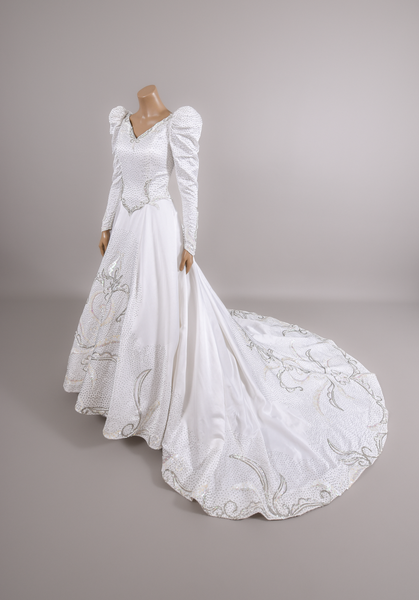 1990s Regal Eva Haynal Forsyth Silk Charmeuse Wedding Gown w/Silver Beadwork and Cathedral Train