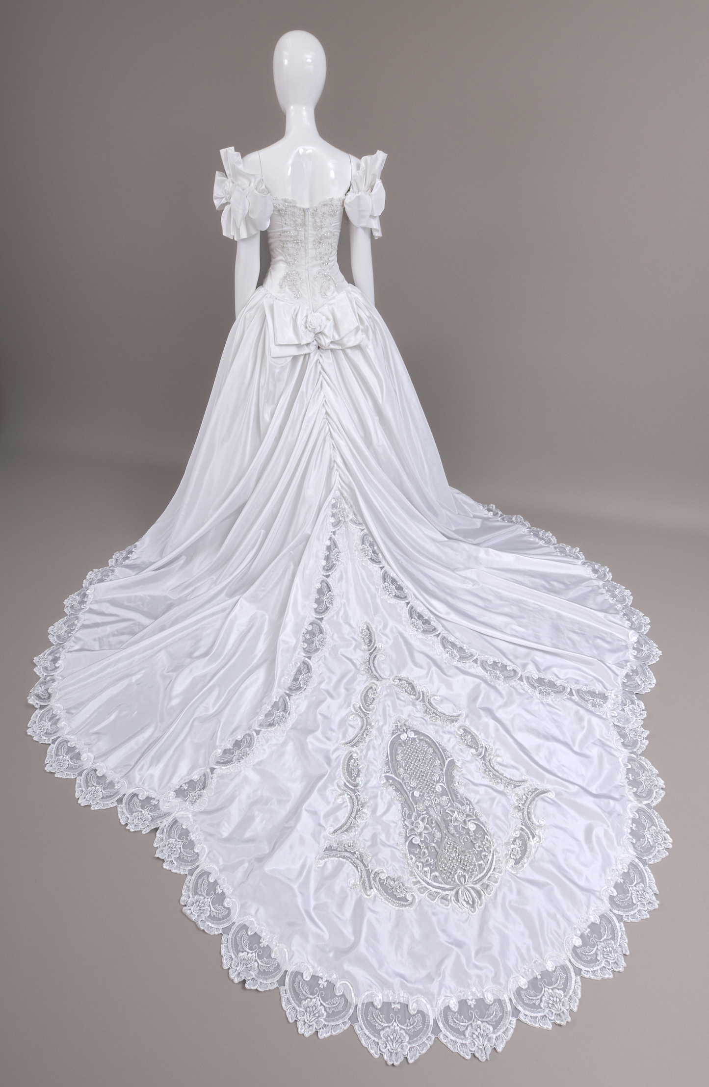 1990s Off-The-Shoulder Beaded Taffeta Satin Wedding Dress, W/Cathedral Train Sz 2/4