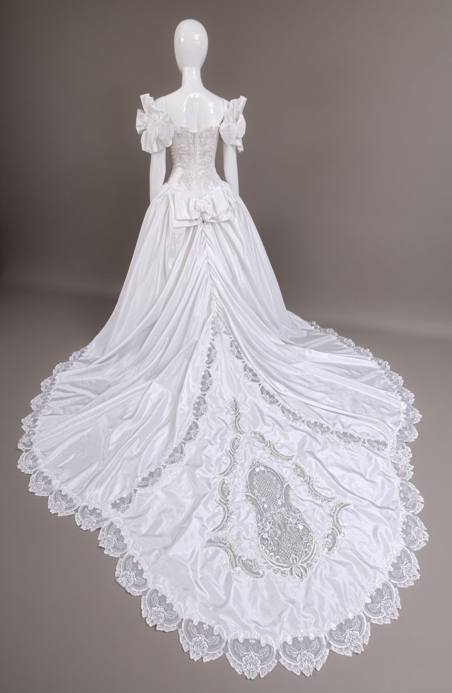 1990s Off-The-Shoulder Beaded Taffeta Satin Wedding Dress, W/Cathedral Train Sz 2/4