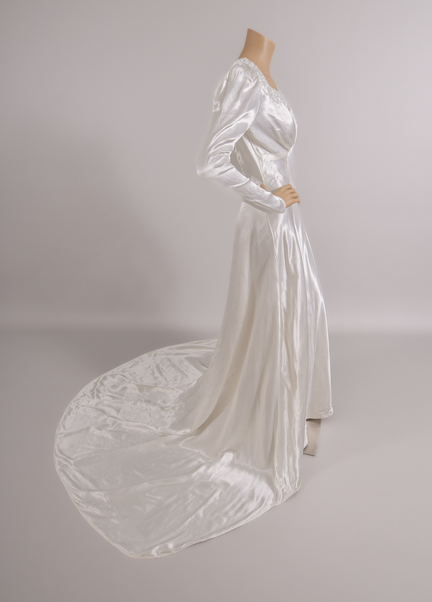 1930s Art Deco Bias-Cut Liquid Satin Wedding Dress w/Trailing Train
