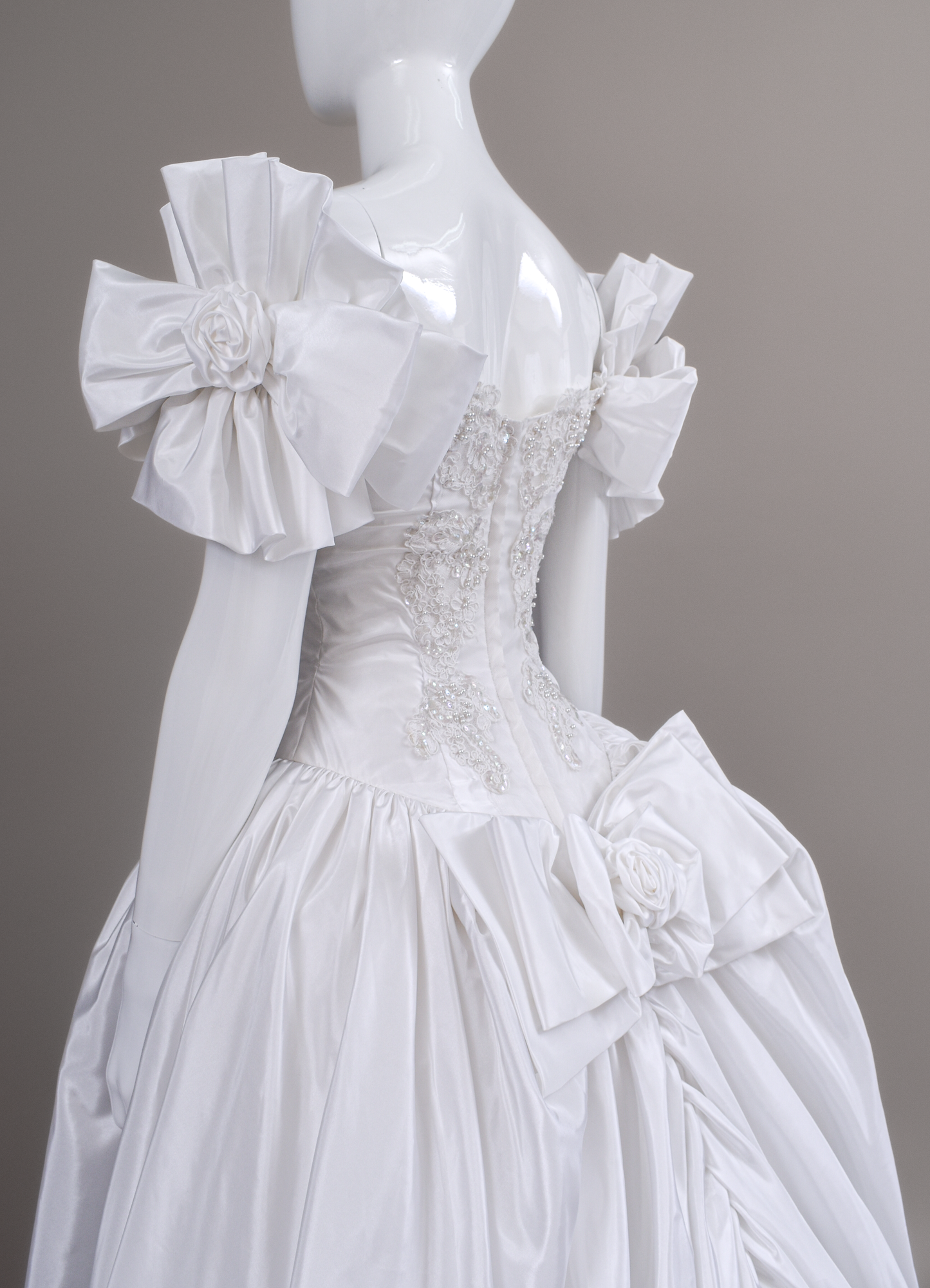 1990s Off-The-Shoulder Beaded Taffeta Satin Wedding Dress, W/Cathedral Train Sz 2/4