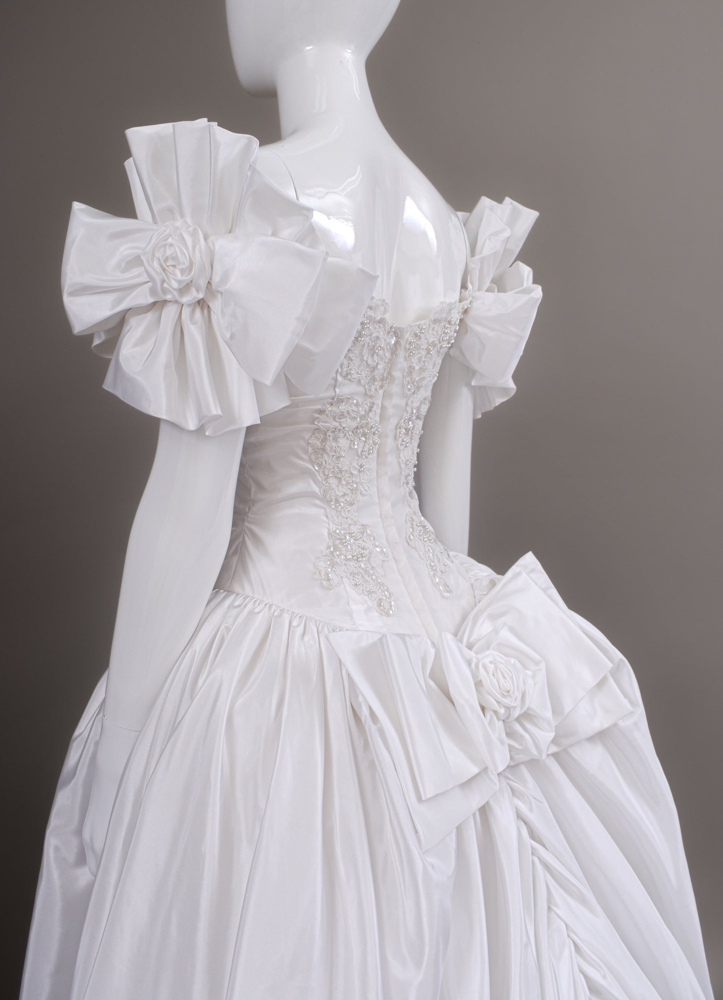 1990s Off-The-Shoulder Beaded Taffeta Satin Wedding Dress, W/Cathedral Train Sz 2/4