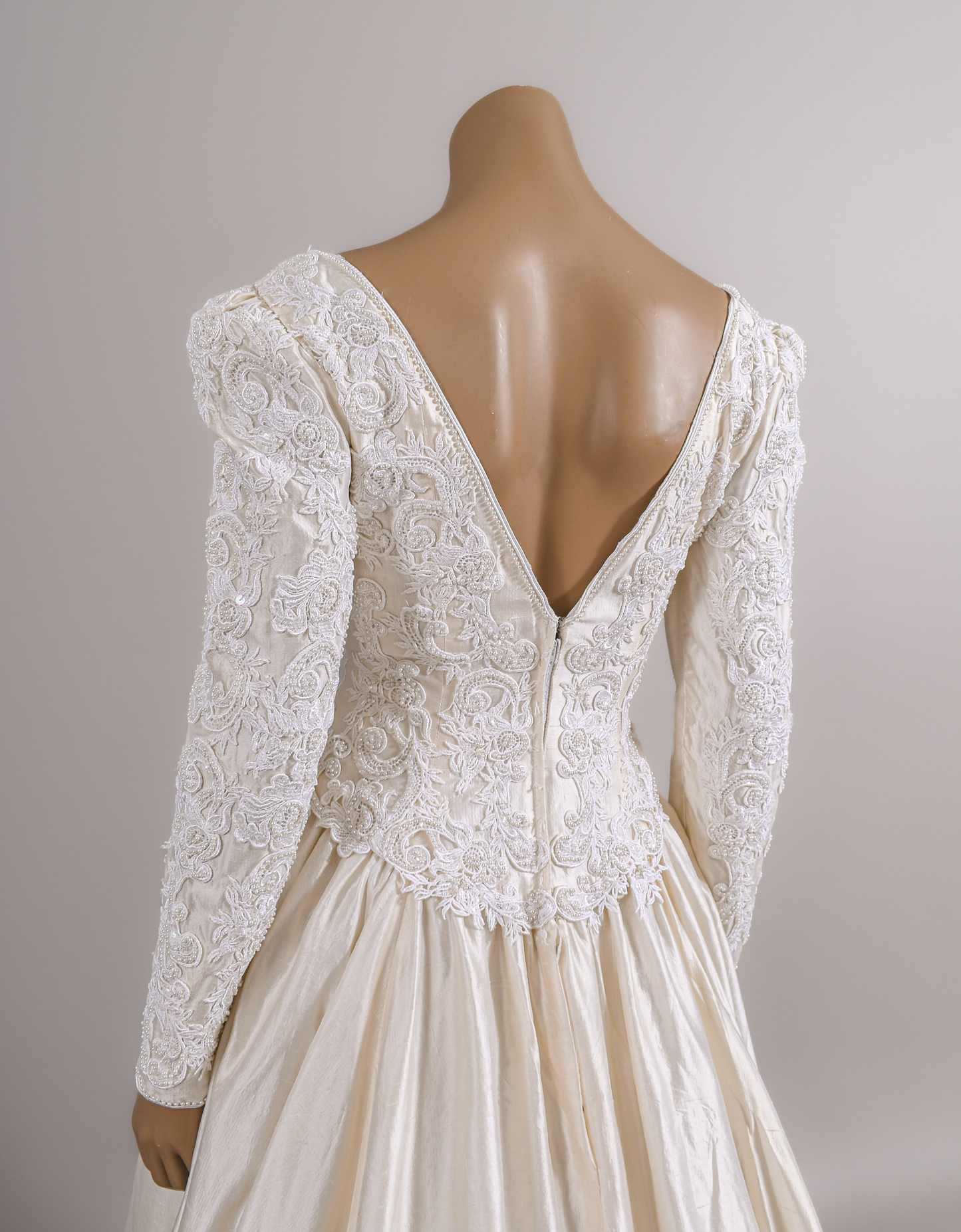 1990s Silk Shantung Pearl & Appliqué Beaded Wedding Dress W/Trailing Train