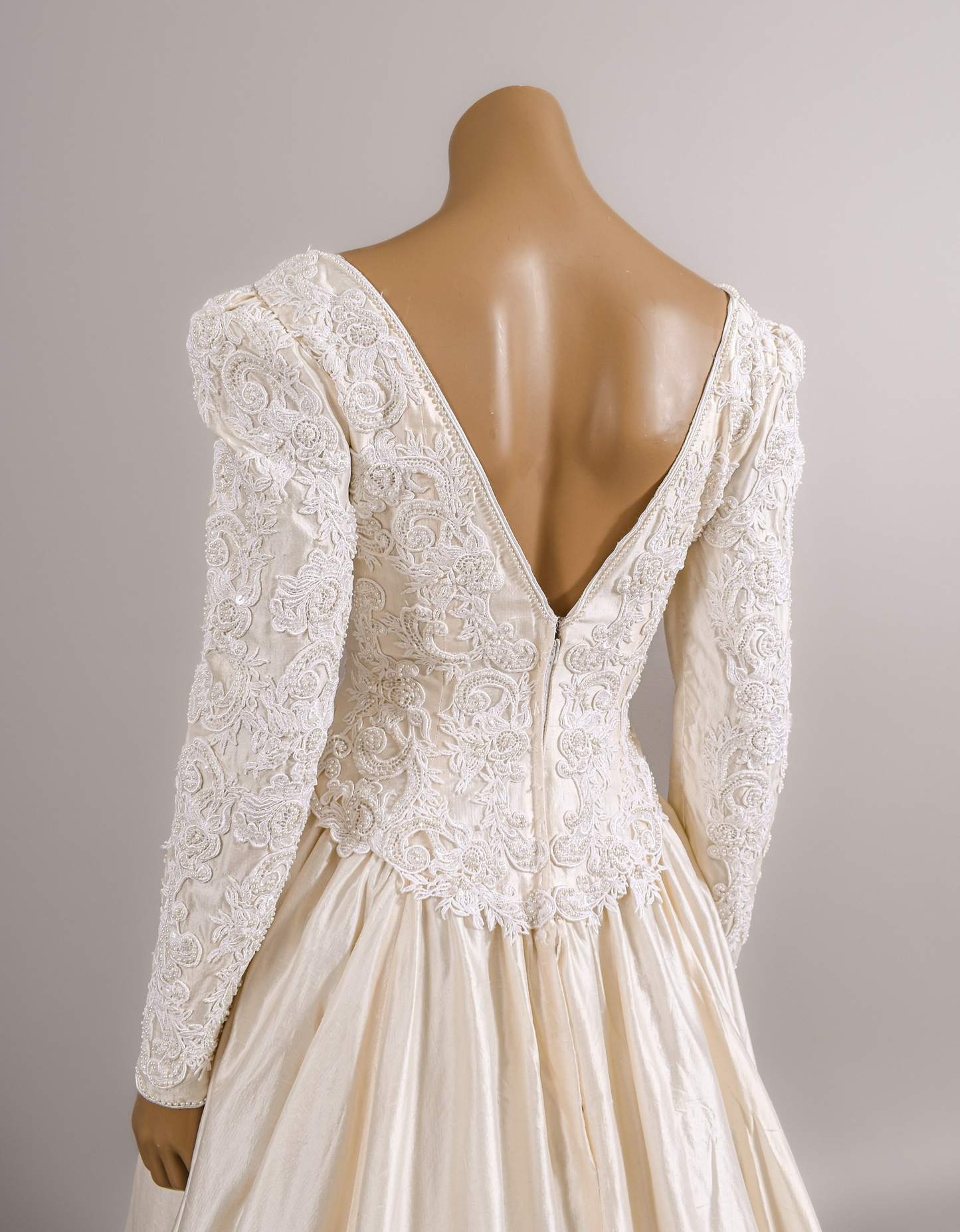 1990s Silk Shantung Pearl & Appliqué Beaded Wedding Dress W/Trailing Train