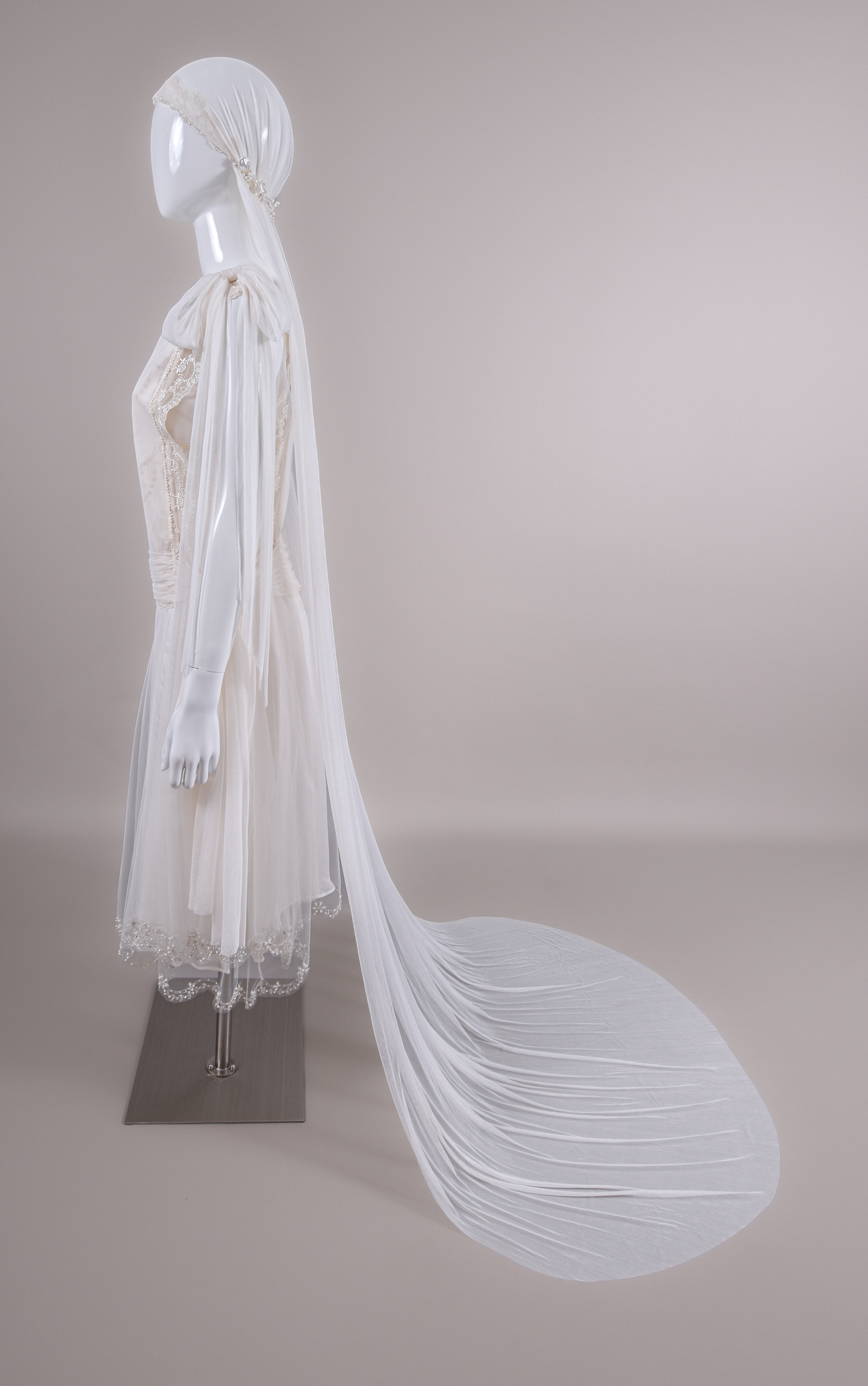 1920s Haute Couture Silk Charmeuse Beaded Wedding Dress & Silk Juliet Veil