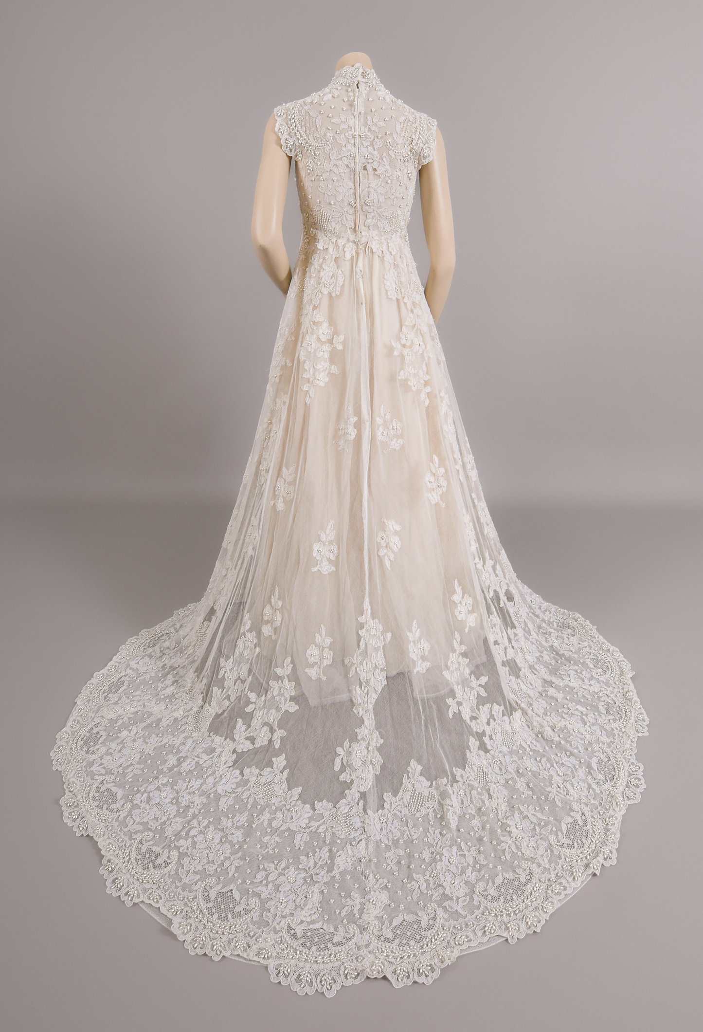 1960s Empire Waist Gown, Swiss Beaded Venice Lace Wedding Dress W/Trailing Train Sz 0/2