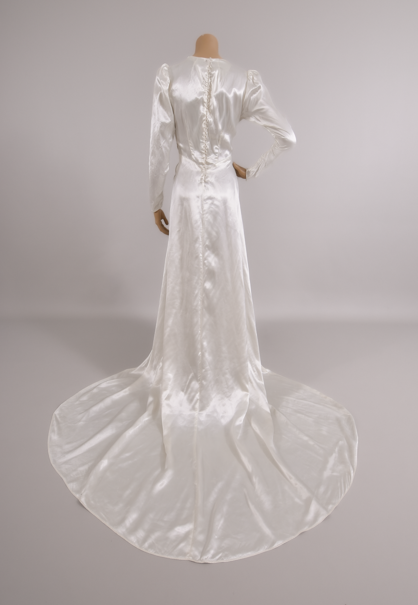 1930s Art Deco Bias-Cut Liquid Satin Wedding Dress w/Trailing Train