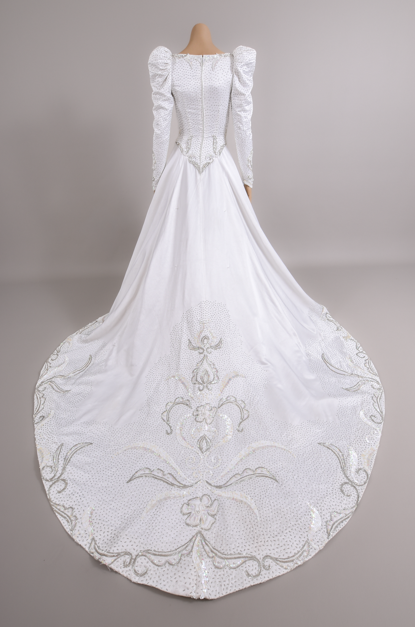 1990s Regal Eva Haynal Forsyth Silk Charmeuse Wedding Gown w/Silver Beadwork and Cathedral Train