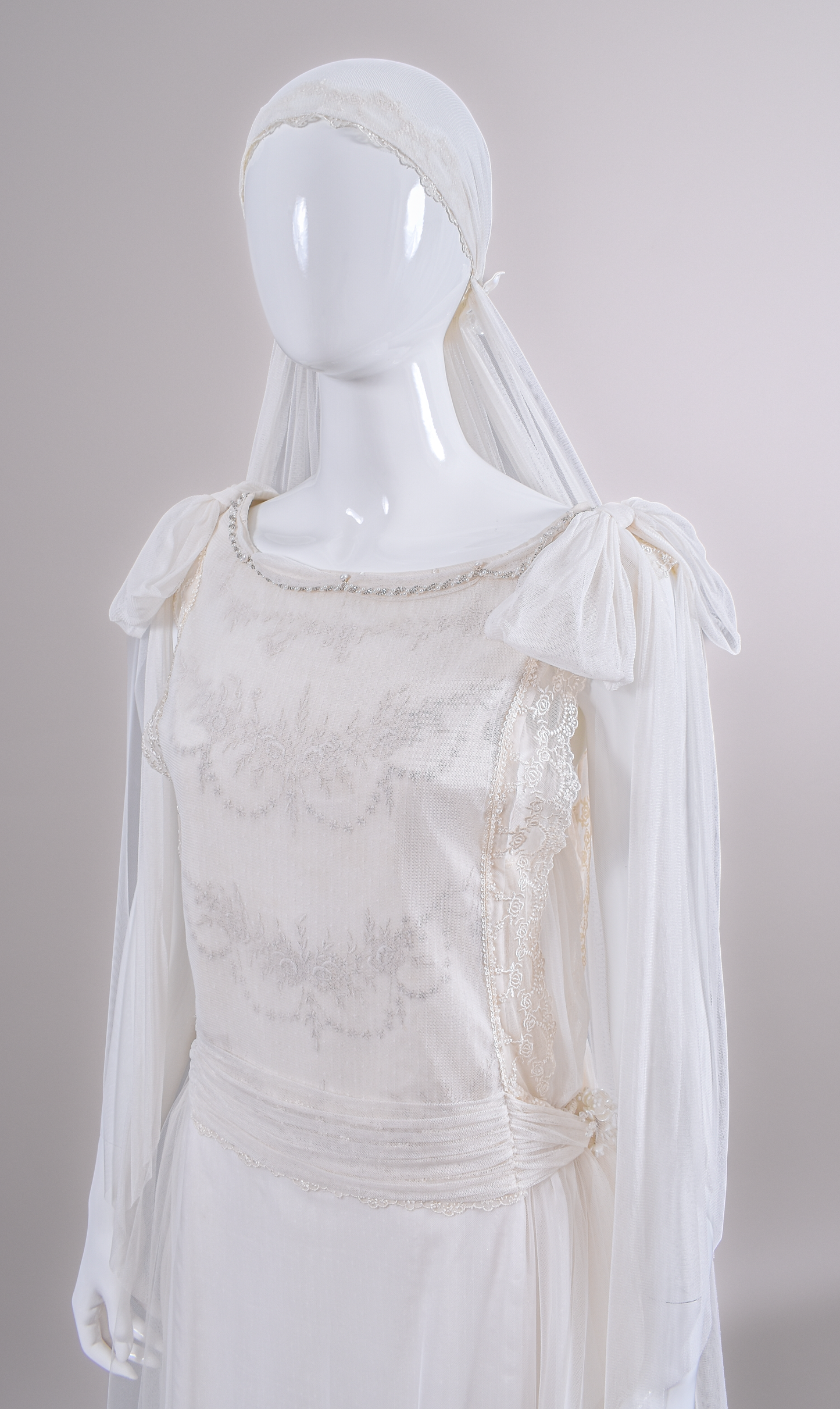 1920s Haute Couture Silk Charmeuse Beaded Wedding Dress & Silk Juliet Veil