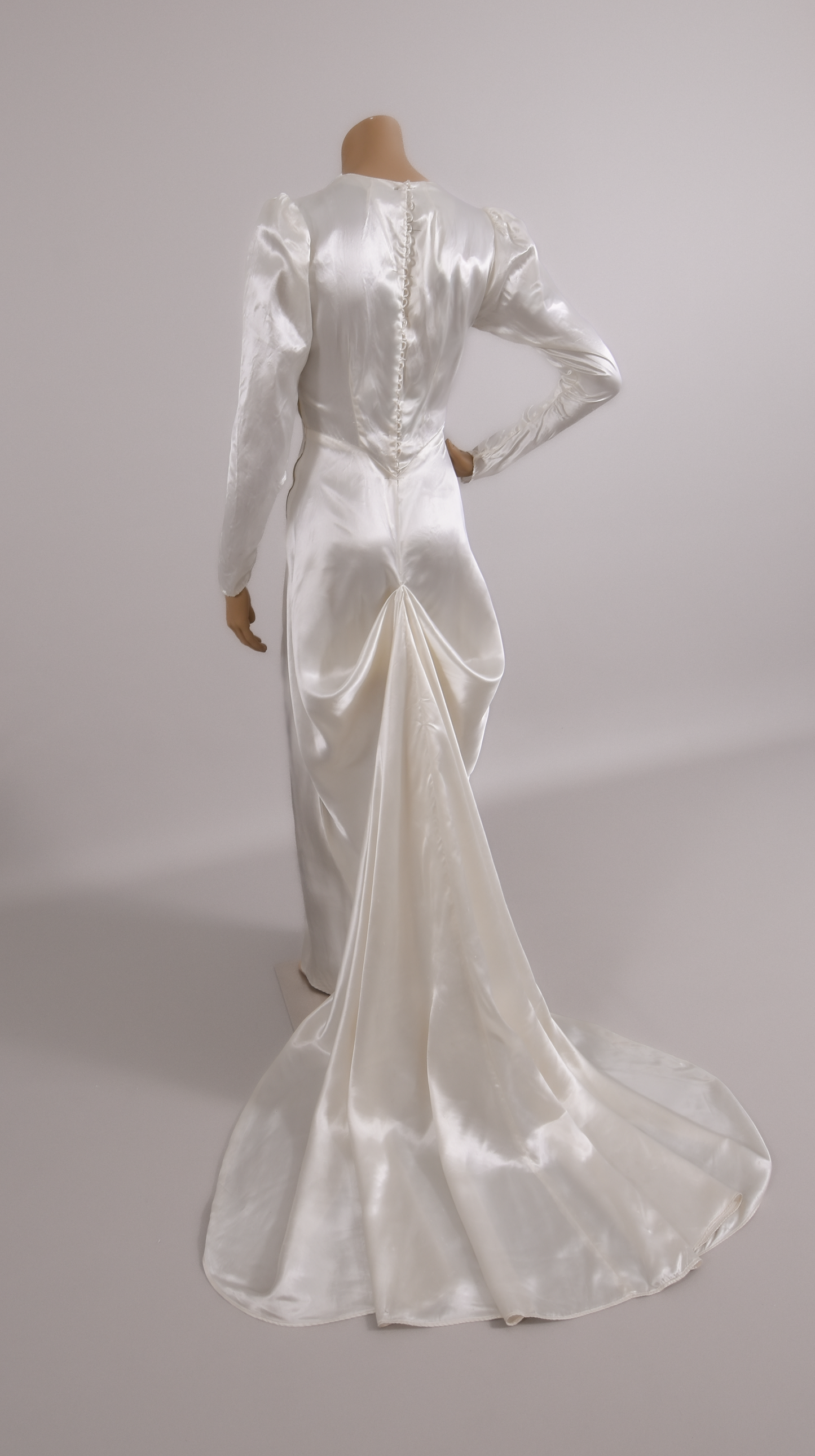 1930s Art Deco Bias-Cut Liquid Satin Wedding Dress w/Trailing Train