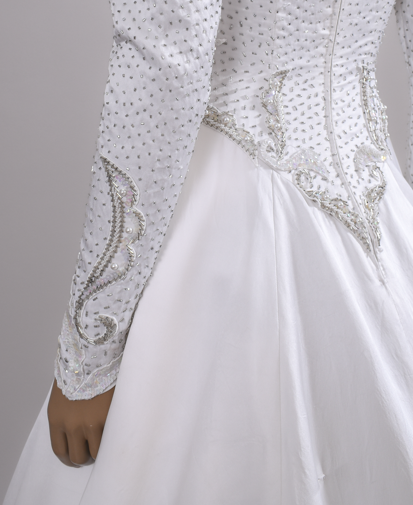 1990s Regal Eva Haynal Forsyth Silk Charmeuse Wedding Gown w/Silver Beadwork and Cathedral Train