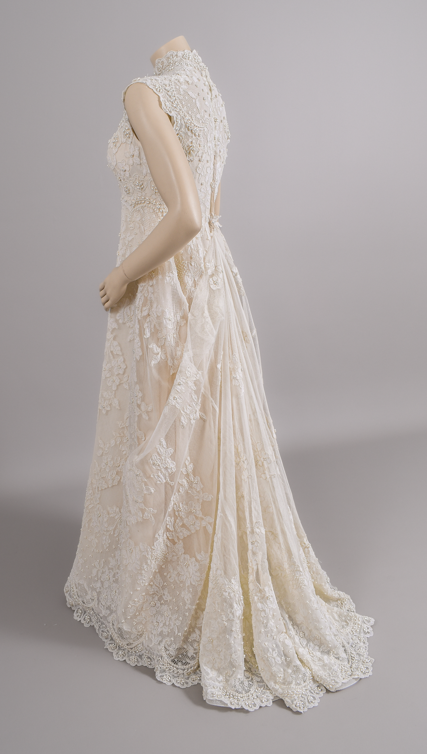 1960s Empire Waist Gown, Swiss Beaded Venice Lace Wedding Dress W/Trailing Train Sz 0/2