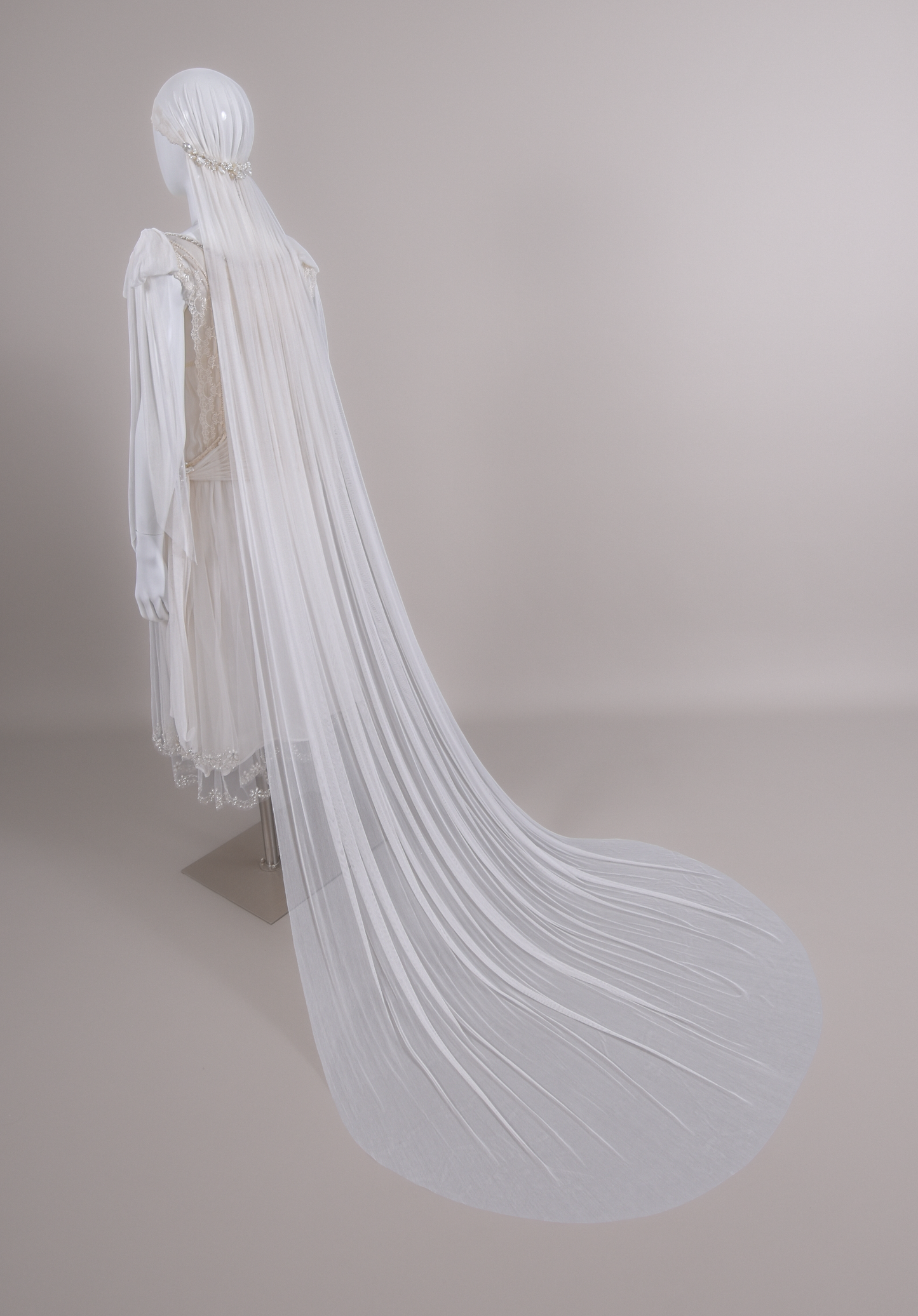 1920s Haute Couture Silk Charmeuse Beaded Wedding Dress & Silk Juliet Veil