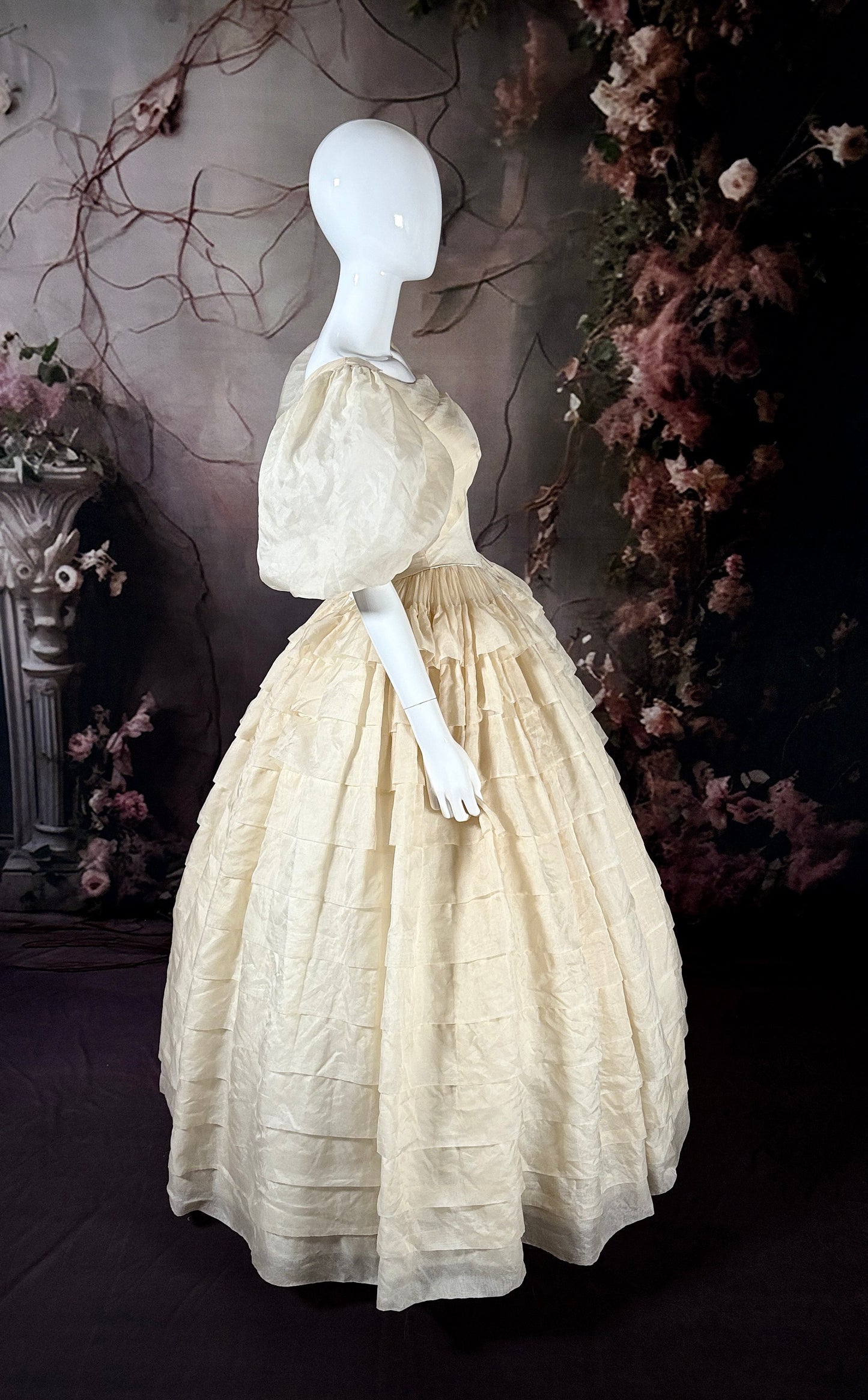 1950s Silk Organza Tiered Wedding Dress W/Gigot Puff Sleeves