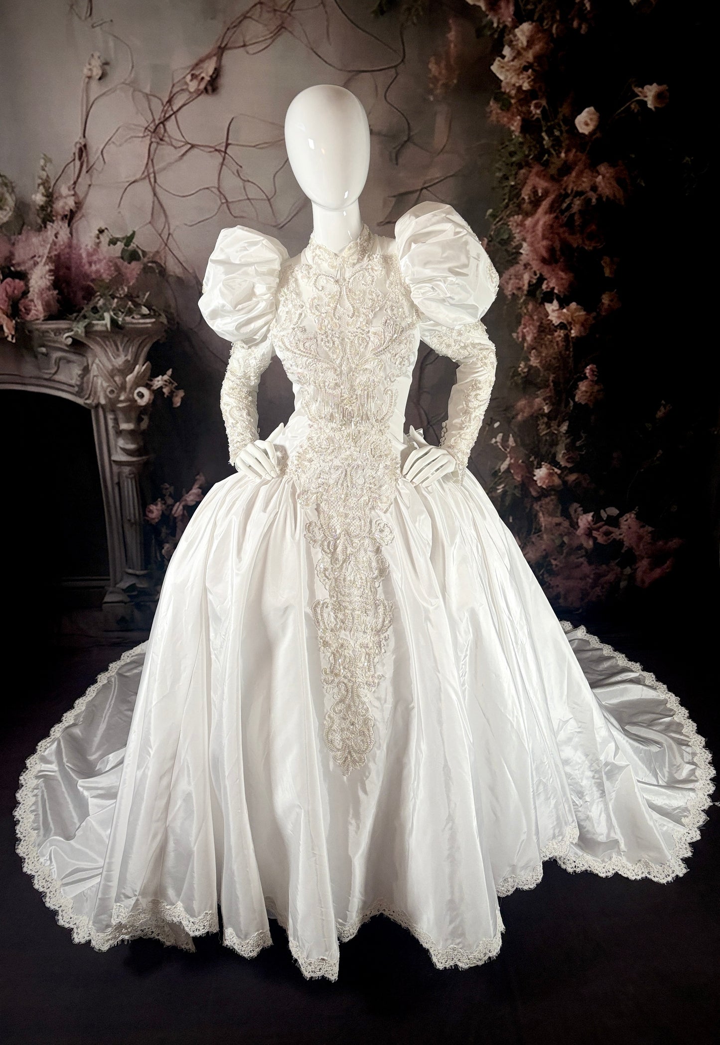 1980s Duchess Satin Wedding Dress, w/Juliet Puff Sleeves & Trailing Train - Little Rose Bridal