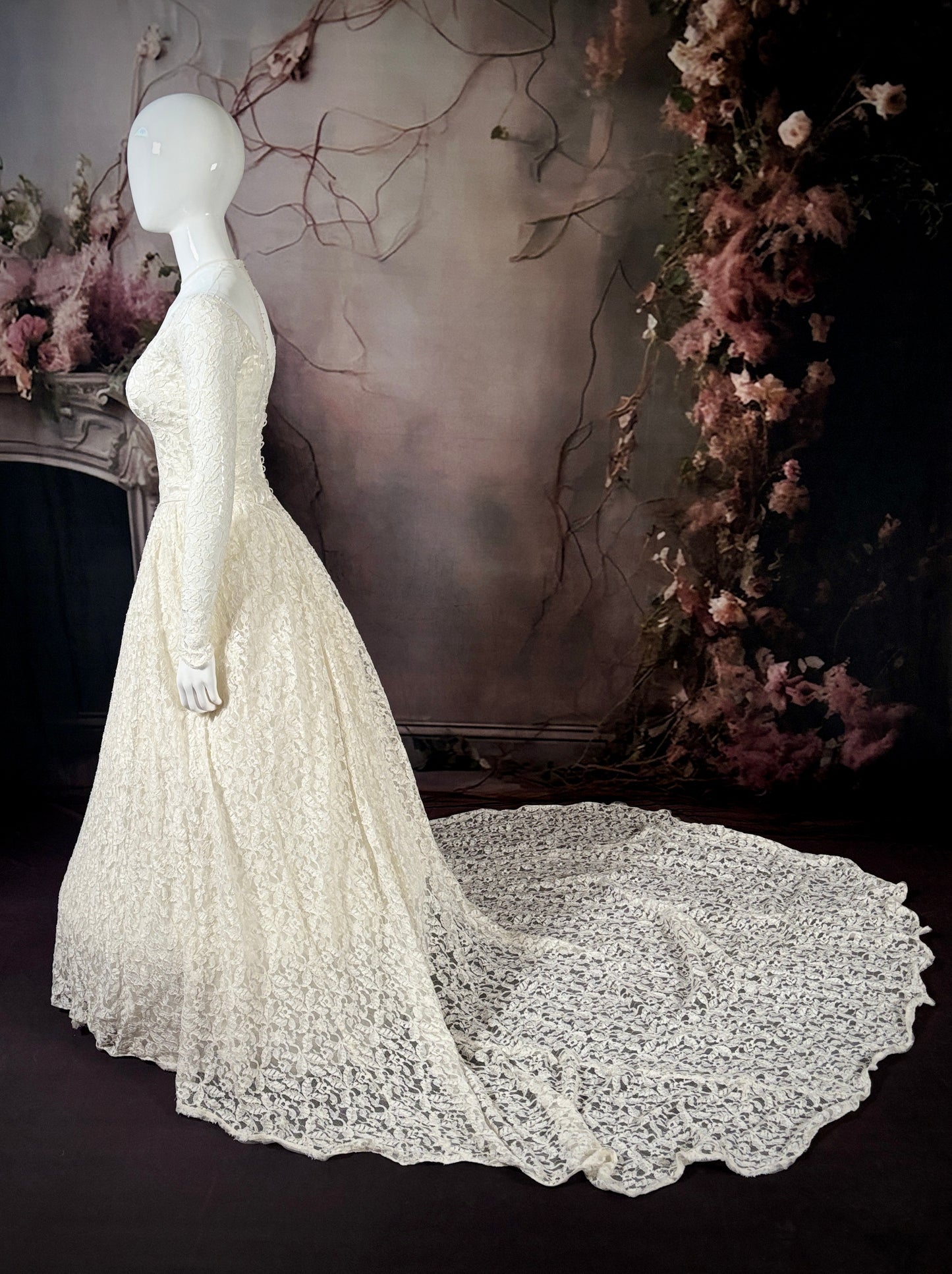 1950s Alencon Lace & Liquid Satin Wedding Dress w/Chapel Train