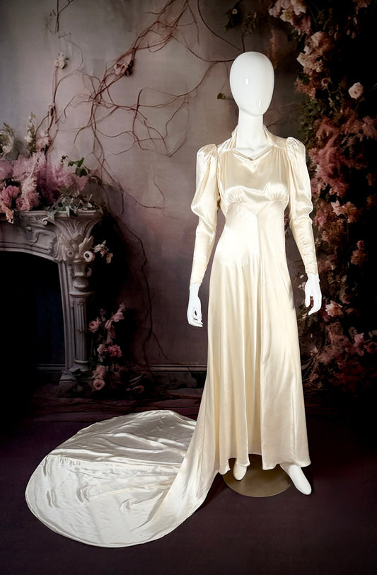 1930s Charmeuse Satin Bias Cut Wedding Dress w/Court Train