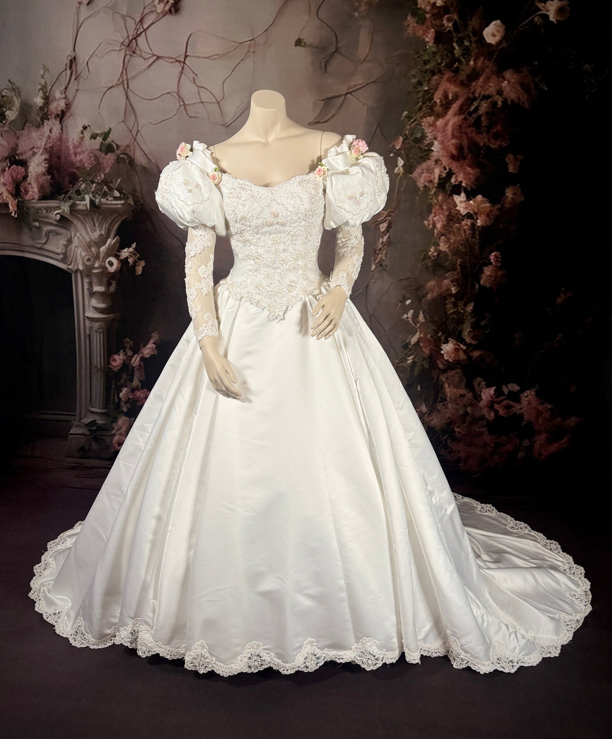 1980's Rose Princess Satin & Lace Wedding Dress w/Juliet Puff Sleeves & Chapel Train size 2 1980's Rose Princess Satin & Lace Wedding Dress w/Juliet Puff Sleeves & Chapel Train size 2