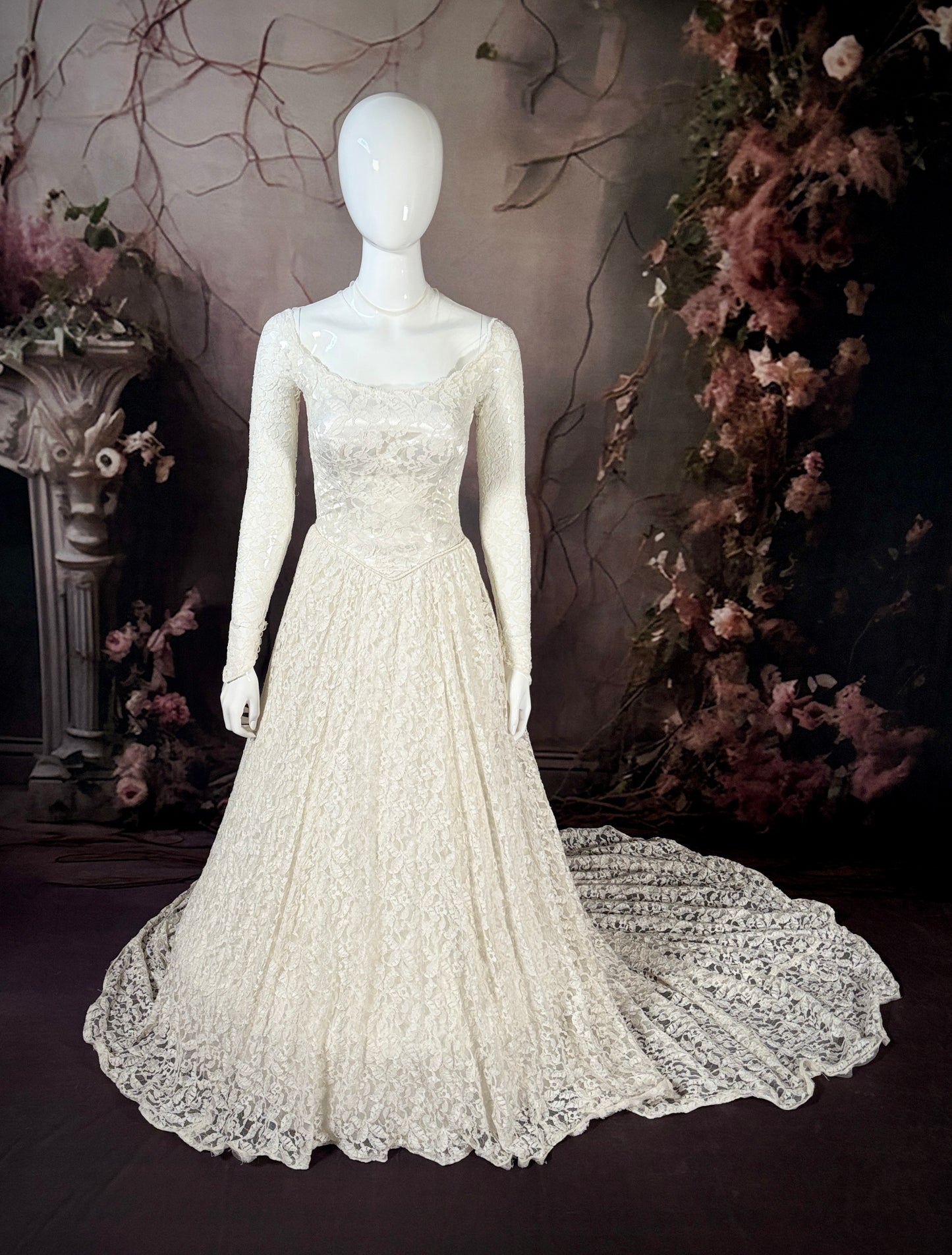 1950s Alencon Lace & Liquid Satin Wedding Dress w/Chapel Train