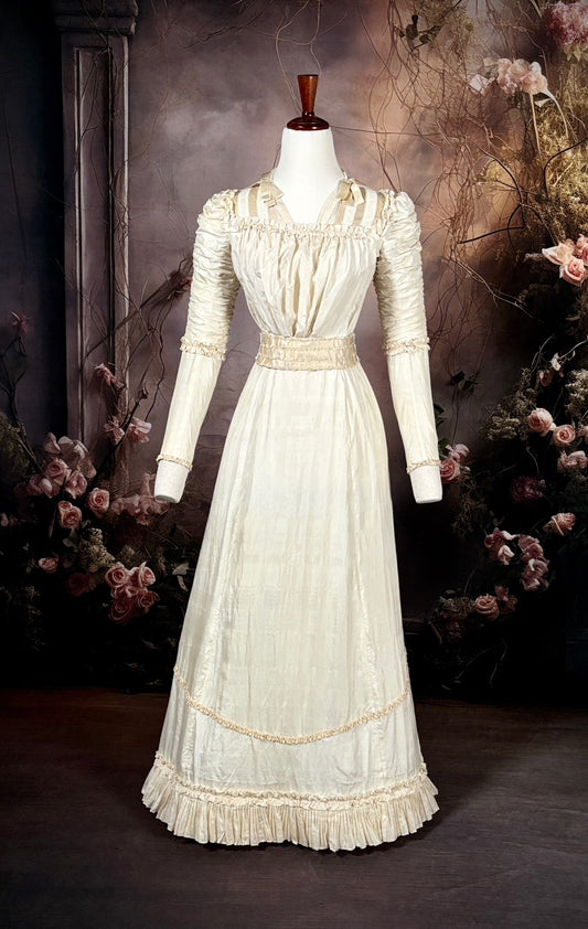 1880s Victorian Moiré Silk Wedding Dress W/Brush Train