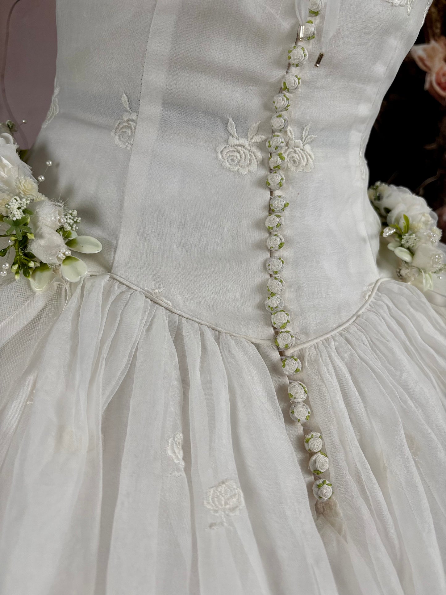 1950s Reimagined Cupcake Tiered Rose Wedding Dress & Trailing Train