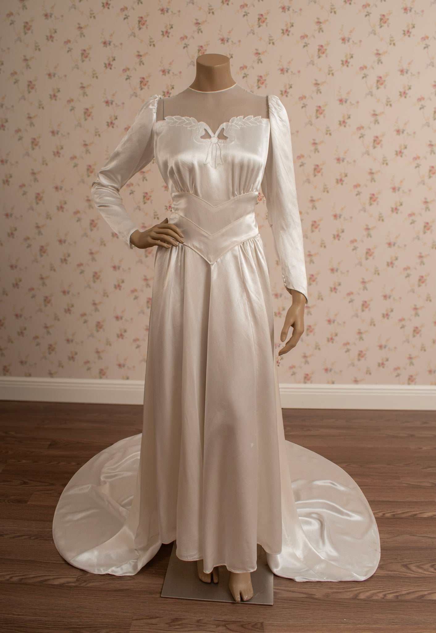 1940s Liquid Satin “Bow” Bias-Cut Wedding Dress w/Chapel Train (Coming Soon)