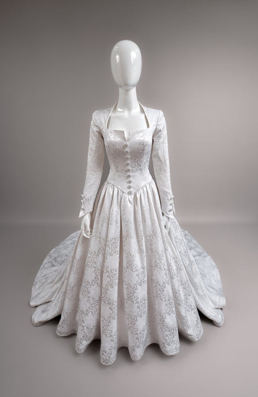 1990s Demetrios Wedding Dress, 18th C. Inspired Silk Brocade Gown w/Chapel Train, Size 8/10