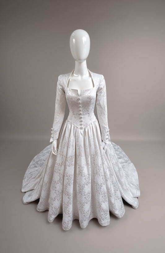 1990s Demetrios Wedding Dress, 18th C. Inspired Silk Brocade Gown w/Chapel Train, Size 8/10