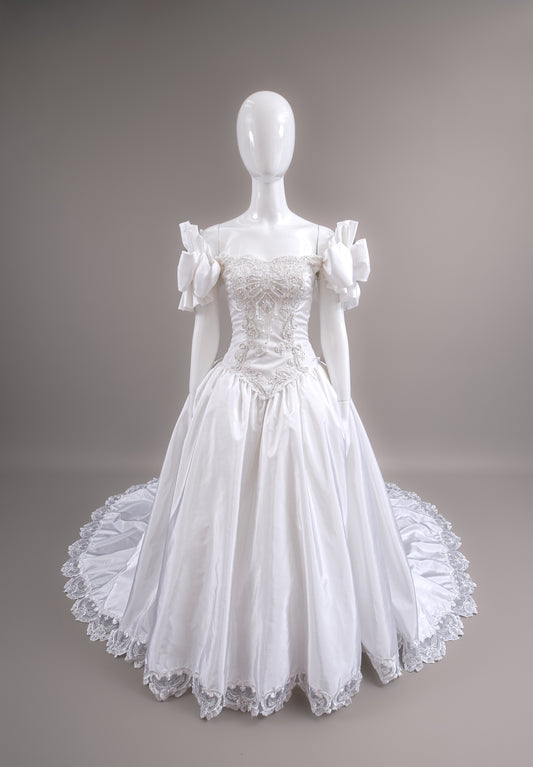 1990s Off-The-Shoulder Beaded Taffeta Satin Wedding Dress, W/Cathedral Train Sz 2/4