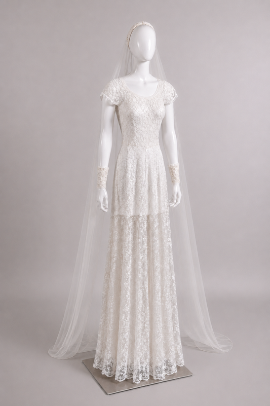 1950s Silk Net- Embroidered Lace Wedding Gown, w/Juliet Cap