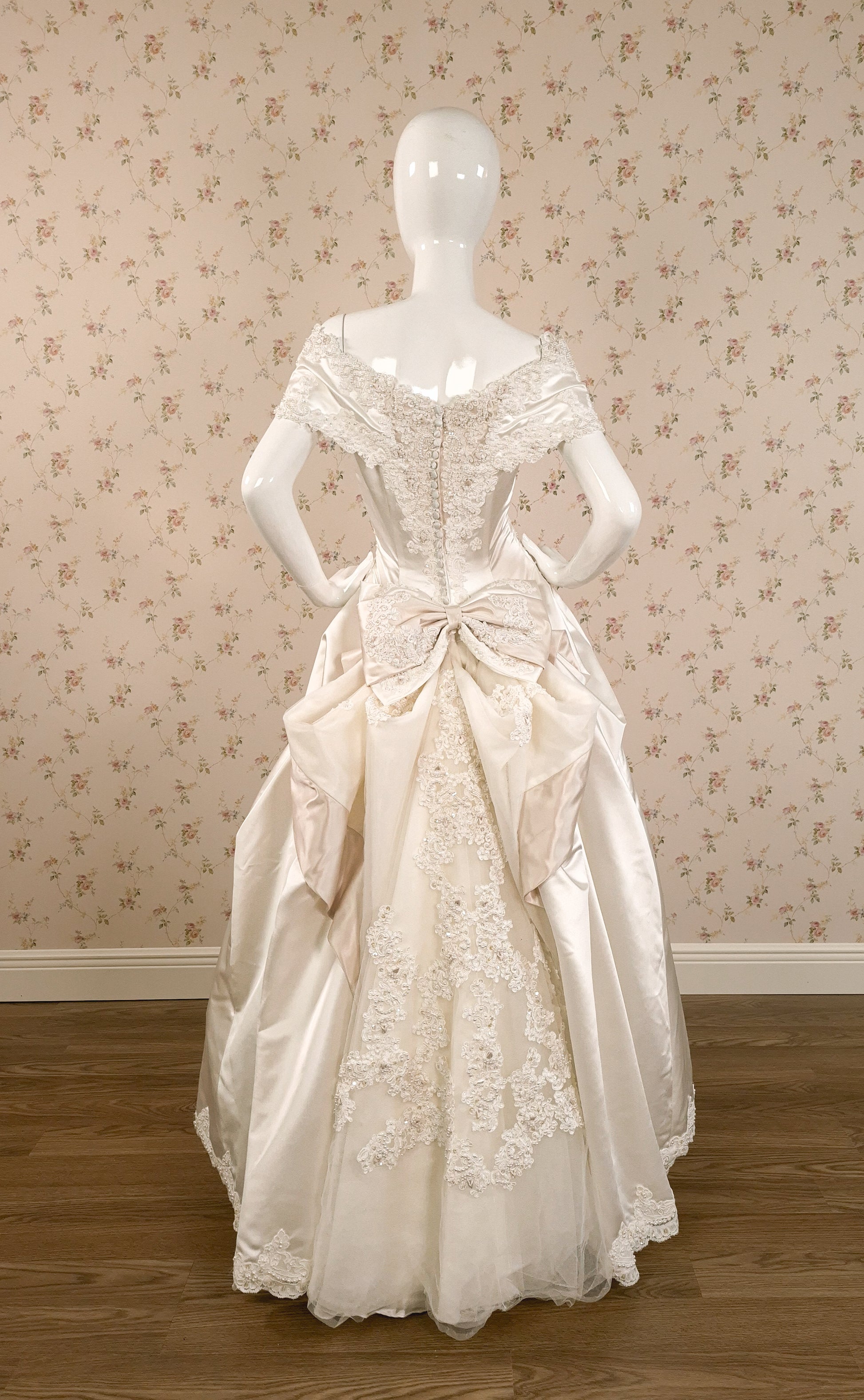 1990s Duchesse Satin Beaded Ribbon Rose Wedding Dress & Chapel Train size 8/10 littlerosebridal.com