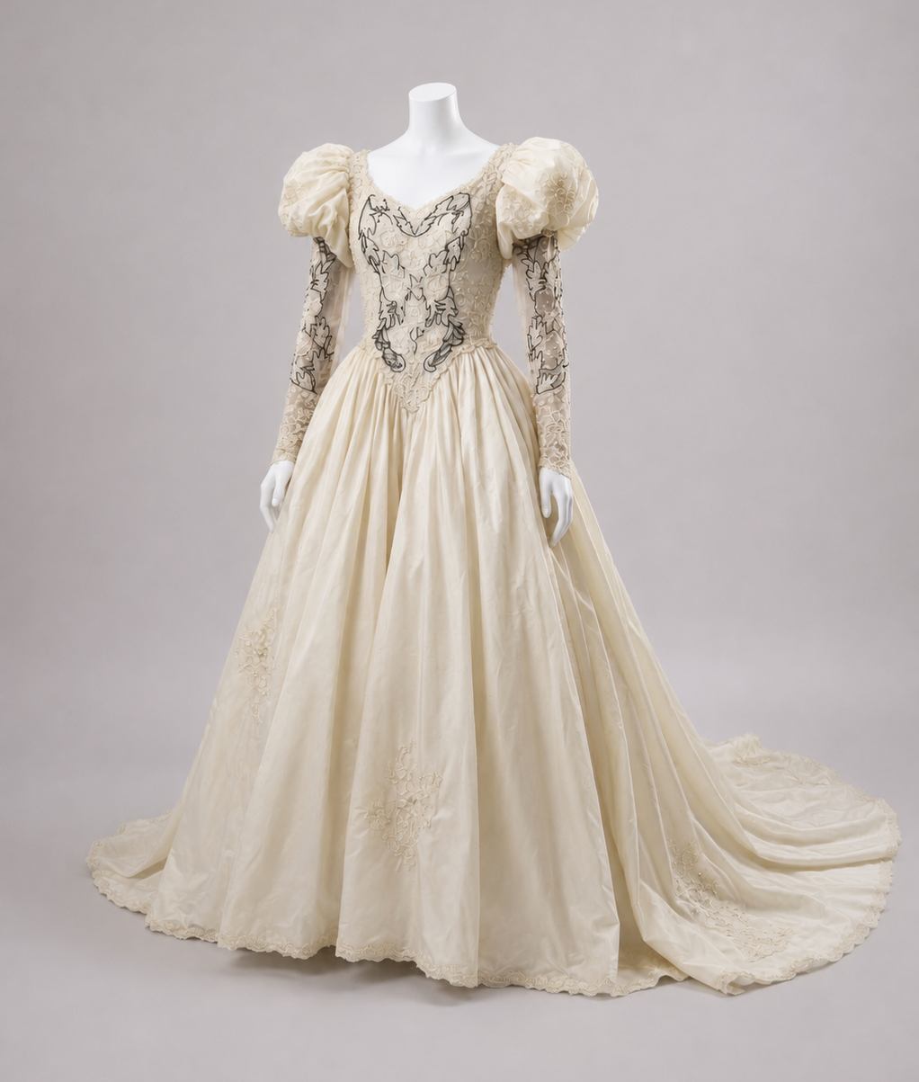 1980s Silk Shantung Beaded Wedding Gown w/Puff Sleeves & Cathedral Train