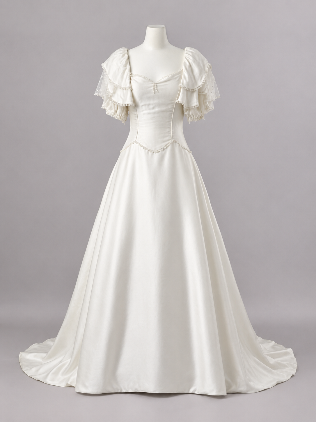 1980s Silk Charmeuse Wedding Gown w/Layered Tulip Puff Sleeves & Trailing Train