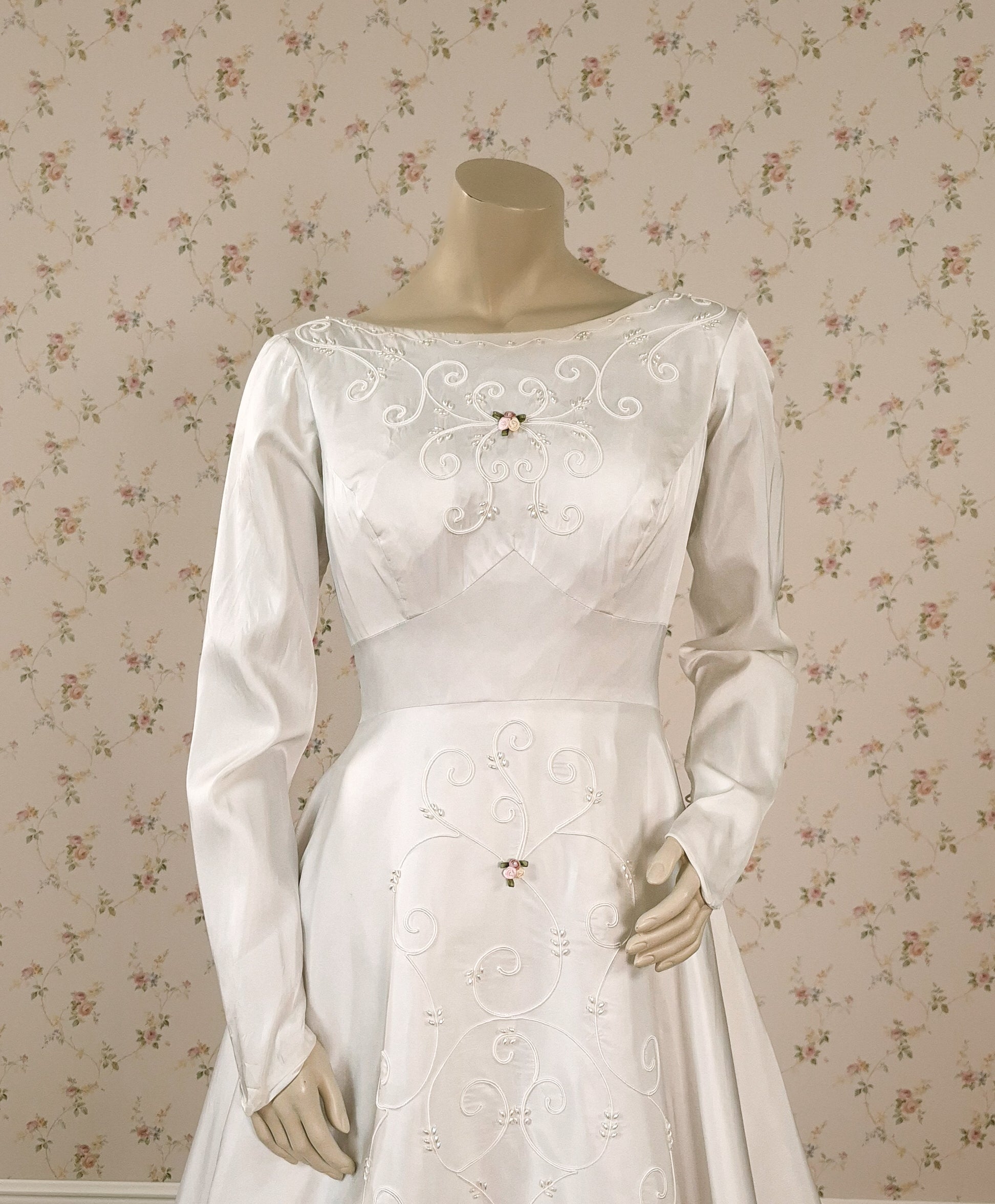 1950s "Cottage Romance" Reimagined Satin Wedding Gown, Silk Cording & Trailing Train Size 6/8 by littlerosebridal.com