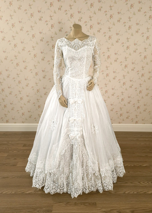 1950s Princess Wedding Dress, Silk Organza & Lace Gown Size 4/6
