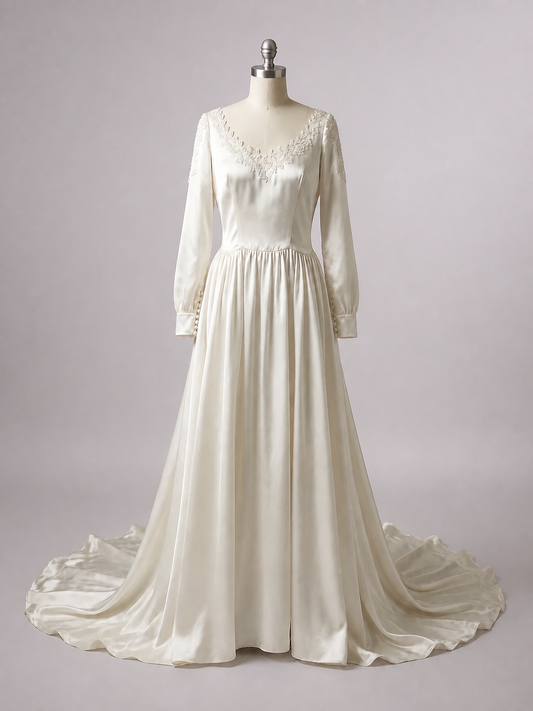1940s Ivory Liquid Satin, Beaded Wedding Gown w/Cathedral Train