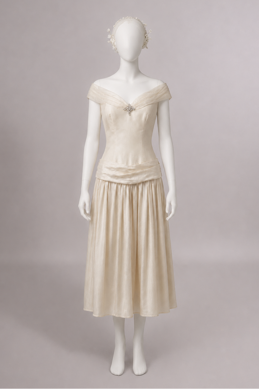 1980s Silk Dupioni Tea-Length Wedding Dress w/Off-the-Shoulder Neckline
