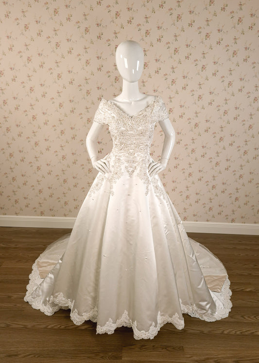 1990s Duchesse Satin Beaded Ribbon Rose Wedding Dress  & Chapel Train size 8/10